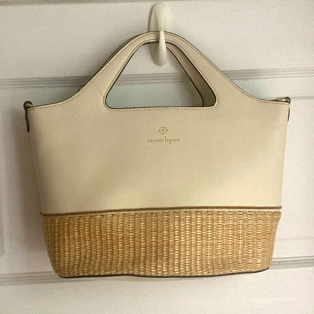 Nanette Lepore Cream and Tan Woven Satchel Tote Bag